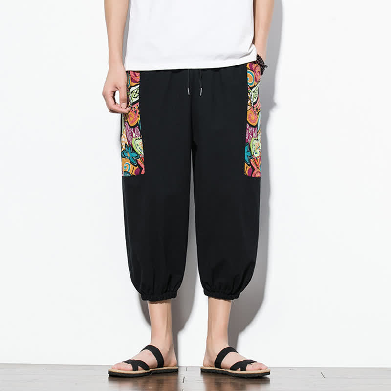 Buddha Stones Summer Casual Boho Drawstring Abstract Capri Pants Men's Harem Pants With Pocket