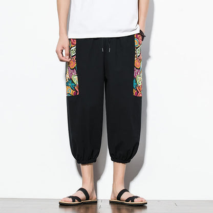 Buddha Stones Summer Casual Boho Drawstring Abstract Capri Pants Men's Harem Pants With Pocket