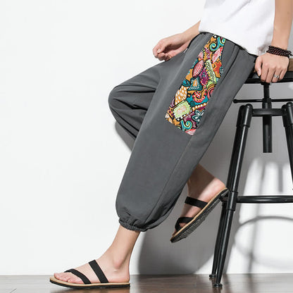 Buddha Stones Summer Casual Boho Drawstring Abstract Capri Pants Men's Harem Pants With Pocket