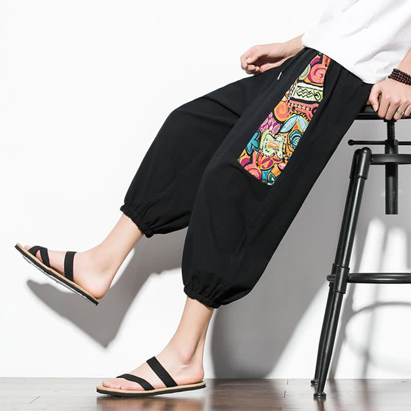 Buddha Stones Summer Casual Boho Drawstring Abstract Capri Pants Men's Harem Pants With Pocket
