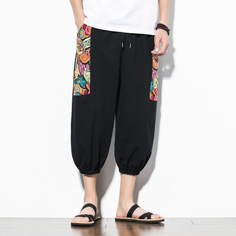 Buddha Stones Summer Casual Boho Drawstring Abstract Capri Pants Men's Harem Pants With Pocket