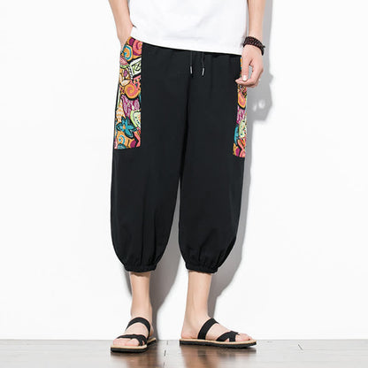 Buddha Stones Summer Casual Boho Drawstring Abstract Capri Pants Men's Harem Pants With Pocket