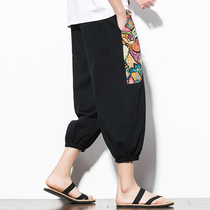 Buddha Stones Summer Casual Boho Drawstring Abstract Capri Pants Men's Harem Pants With Pocket