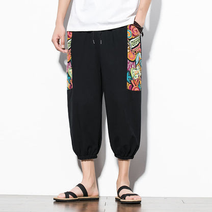 Buddha Stones Summer Casual Boho Drawstring Abstract Capri Pants Men's Harem Pants With Pocket