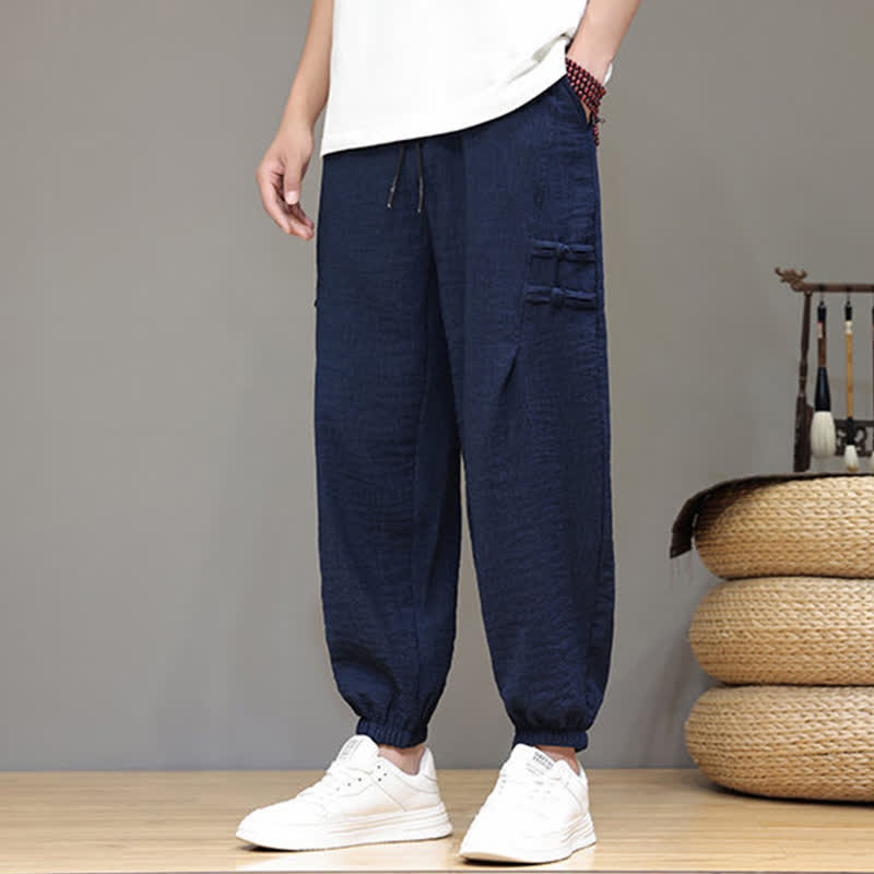 Buddha Stones Summer Casual Tang Style Solid Cropped Pants Men's Harem Pants With Pockets