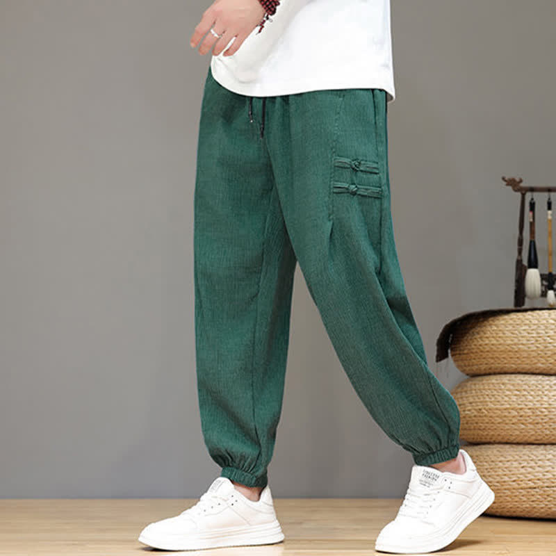 Buddha Stones Summer Casual Tang Style Solid Cropped Pants Men's Harem Pants With Pockets