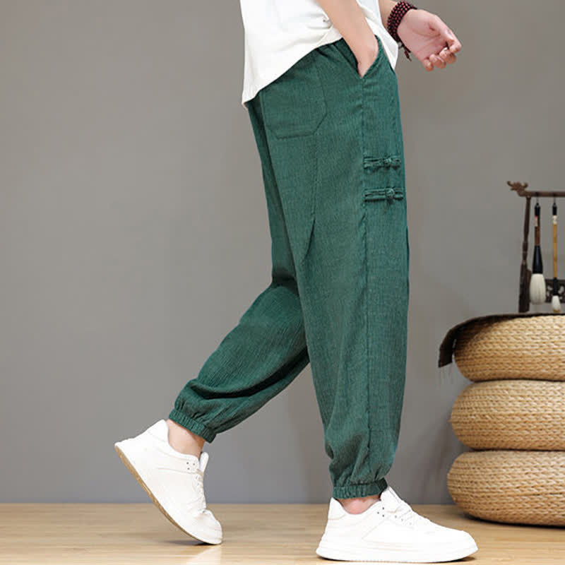 Buddha Stones Summer Casual Tang Style Solid Cropped Pants Men's Harem Pants With Pockets