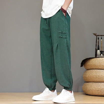 Buddha Stones Summer Casual Tang Style Solid Cropped Pants Men's Harem Pants With Pockets