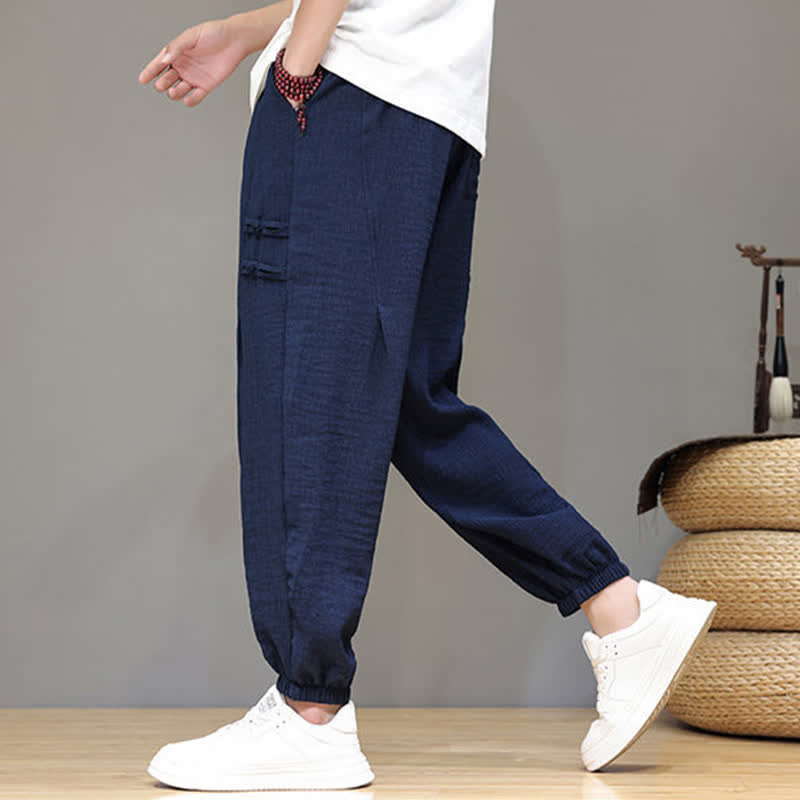Buddha Stones Summer Casual Tang Style Solid Cropped Pants Men's Harem Pants With Pockets