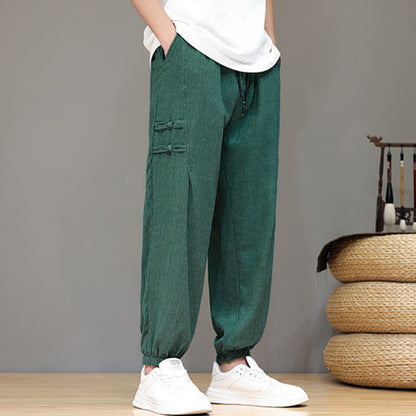 Buddha Stones Summer Casual Tang Style Solid Cropped Pants Men's Harem Pants With Pockets