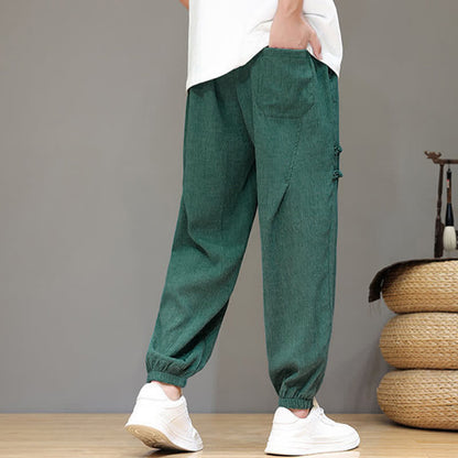 Buddha Stones Summer Casual Tang Style Solid Cropped Pants Men's Harem Pants With Pockets