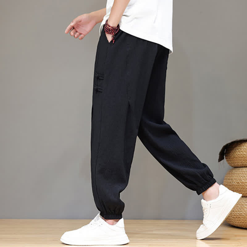 Buddha Stones Summer Casual Tang Style Solid Cropped Pants Men's Harem Pants With Pockets