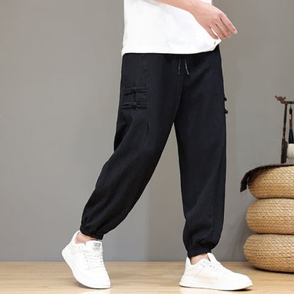 Buddha Stones Summer Casual Tang Style Solid Cropped Pants Men's Harem Pants With Pockets