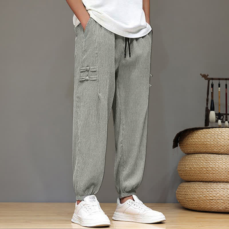 Buddha Stones Summer Casual Tang Style Solid Cropped Pants Men's Harem Pants With Pockets