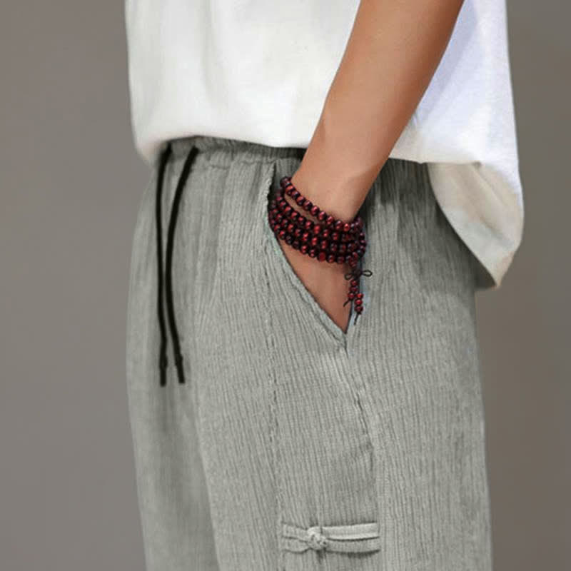 Buddha Stones Summer Casual Tang Style Solid Cropped Pants Men's Harem Pants With Pockets
