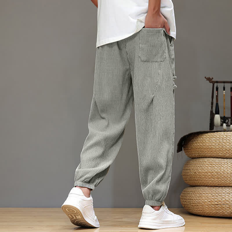 Buddha Stones Summer Casual Tang Style Solid Cropped Pants Men's Harem Pants With Pockets