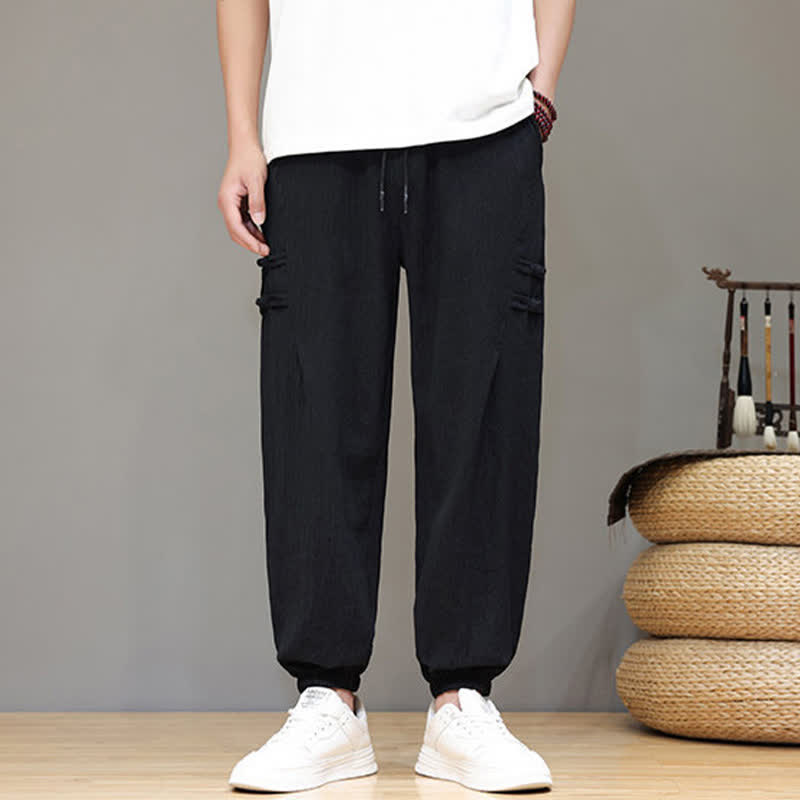 Buddha Stones Summer Casual Tang Style Solid Cropped Pants Men's Harem Pants With Pockets
