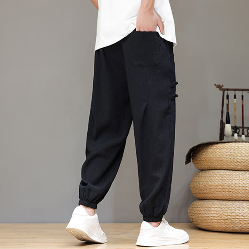 Buddha Stones Summer Casual Tang Style Solid Cropped Pants Men's Harem Pants With Pockets