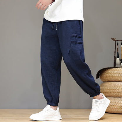 Buddha Stones Summer Casual Tang Style Solid Cropped Pants Men's Harem Pants With Pockets