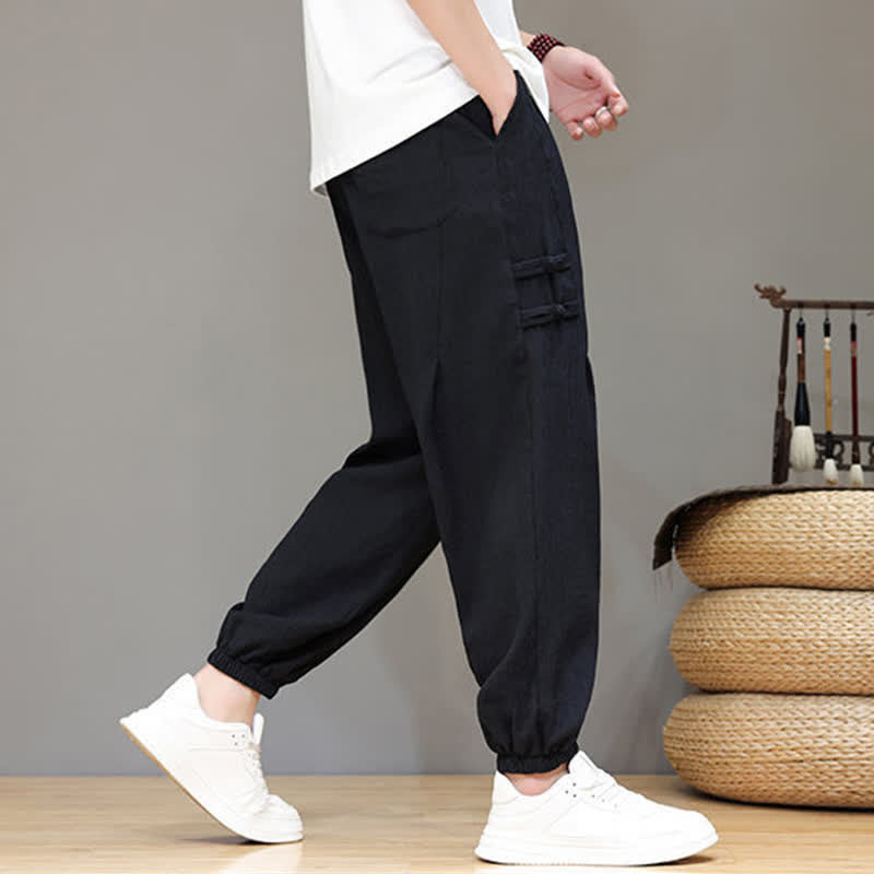Buddha Stones Summer Casual Tang Style Solid Cropped Pants Men's Harem Pants With Pockets