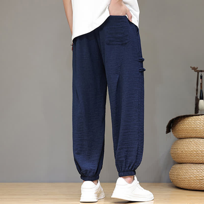 Buddha Stones Summer Casual Tang Style Solid Cropped Pants Men's Harem Pants With Pockets