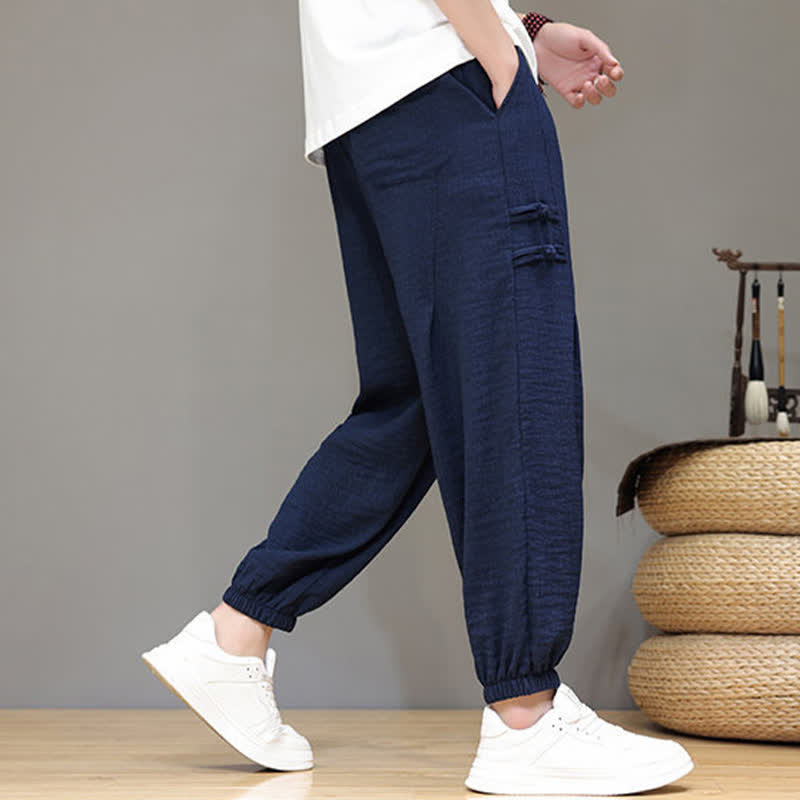 Buddha Stones Summer Casual Tang Style Solid Cropped Pants Men's Harem Pants With Pockets