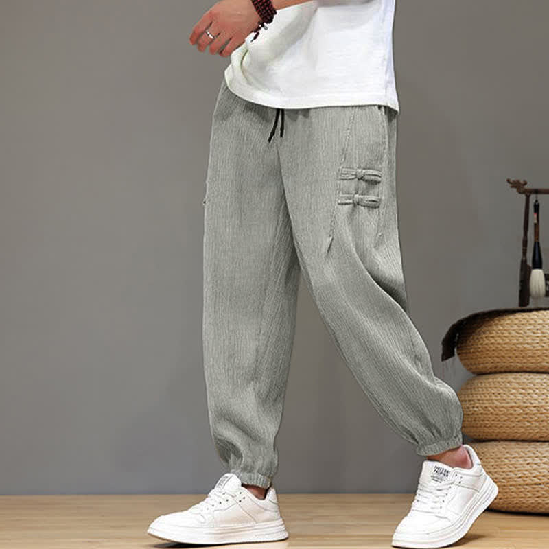 Buddha Stones Summer Casual Tang Style Solid Cropped Pants Men's Harem Pants With Pockets
