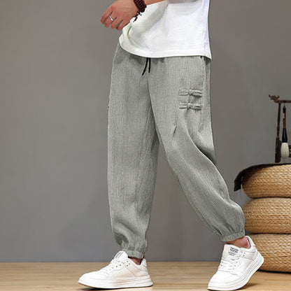 Buddha Stones Summer Casual Tang Style Solid Cropped Pants Men's Harem Pants With Pockets