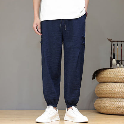 Buddha Stones Summer Casual Tang Style Solid Cropped Pants Men's Harem Pants With Pockets