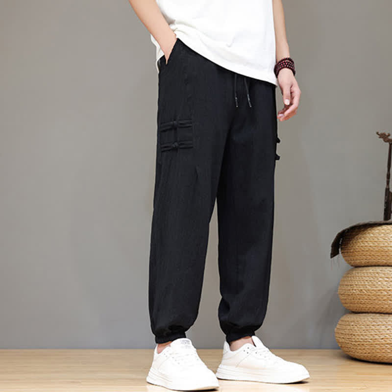 Buddha Stones Summer Casual Tang Style Solid Cropped Pants Men's Harem Pants With Pockets