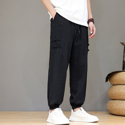 Buddha Stones Summer Casual Tang Style Solid Cropped Pants Men's Harem Pants With Pockets