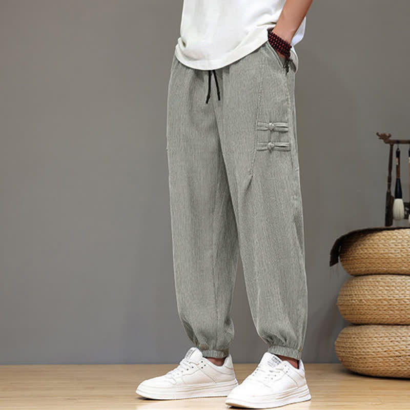 Buddha Stones Summer Casual Tang Style Solid Cropped Pants Men's Harem Pants With Pockets