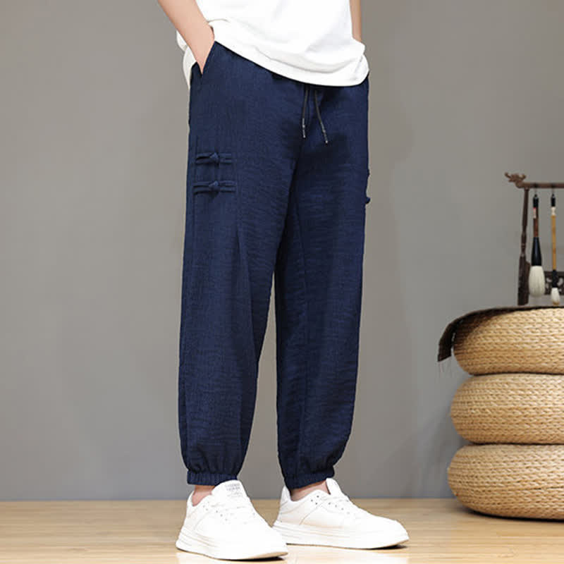 Buddha Stones Summer Casual Tang Style Solid Cropped Pants Men's Harem Pants With Pockets