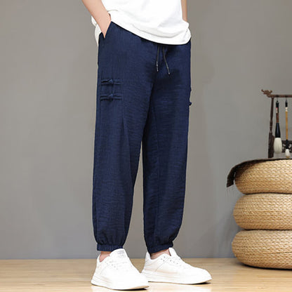 Buddha Stones Summer Casual Tang Style Solid Cropped Pants Men's Harem Pants With Pockets