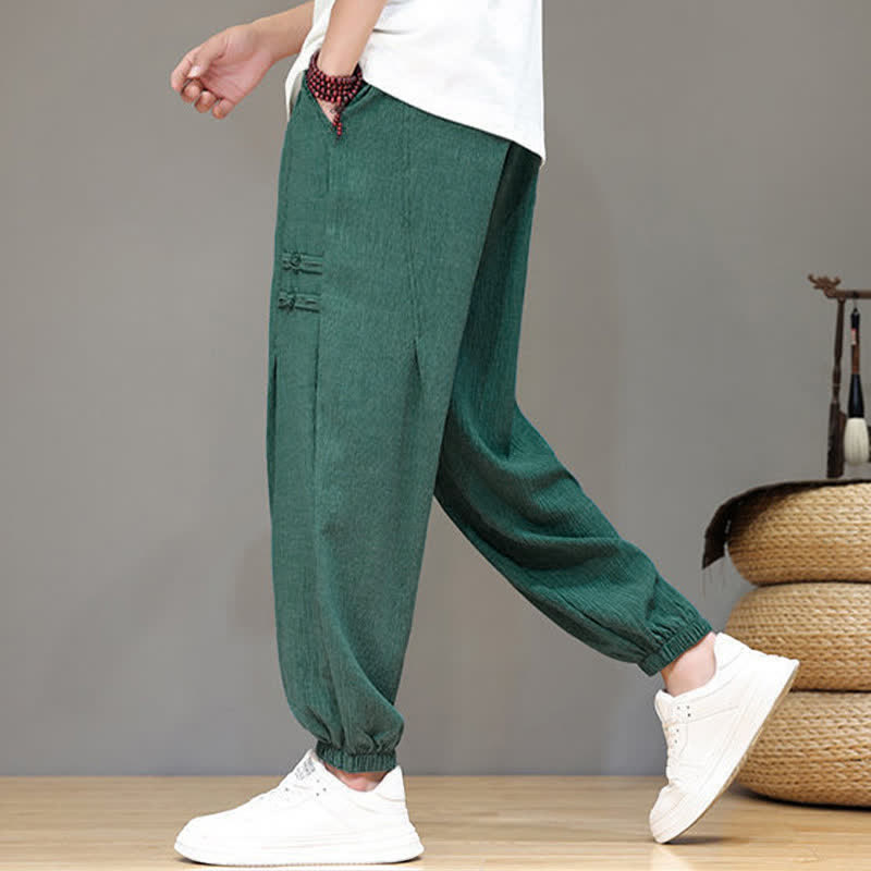 Buddha Stones Summer Casual Tang Style Solid Cropped Pants Men's Harem Pants With Pockets