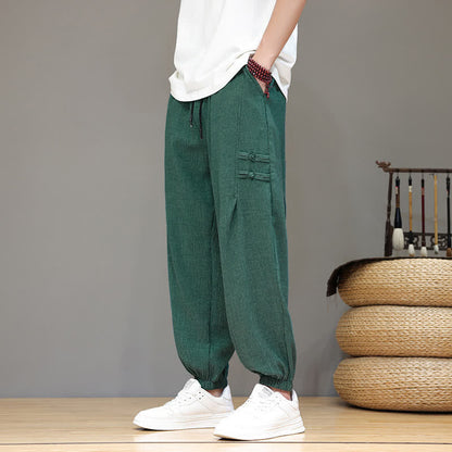 Buddha Stones Summer Casual Tang Style Solid Cropped Pants Men's Harem Pants With Pockets