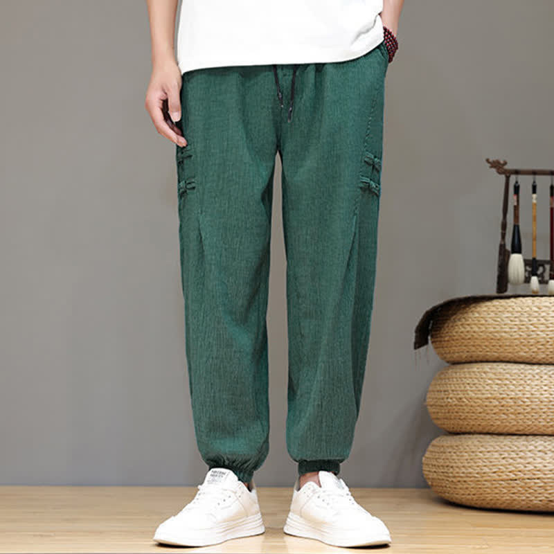 Buddha Stones Summer Casual Tang Style Solid Cropped Pants Men's Harem Pants With Pockets