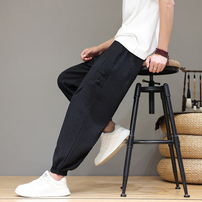 Buddha Stones Summer Casual Tang Style Solid Cropped Pants Men's Harem Pants With Pockets
