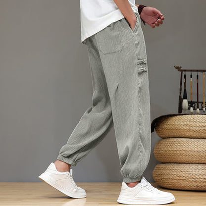 Buddha Stones Summer Casual Tang Style Solid Cropped Pants Men's Harem Pants With Pockets