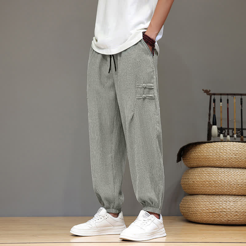 Buddha Stones Summer Casual Tang Style Solid Cropped Pants Men's Harem Pants With Pockets