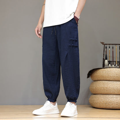 Buddha Stones Summer Casual Tang Style Solid Cropped Pants Men's Harem Pants With Pockets