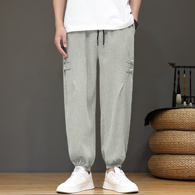 Buddha Stones Summer Casual Tang Style Solid Cropped Pants Men's Harem Pants With Pockets