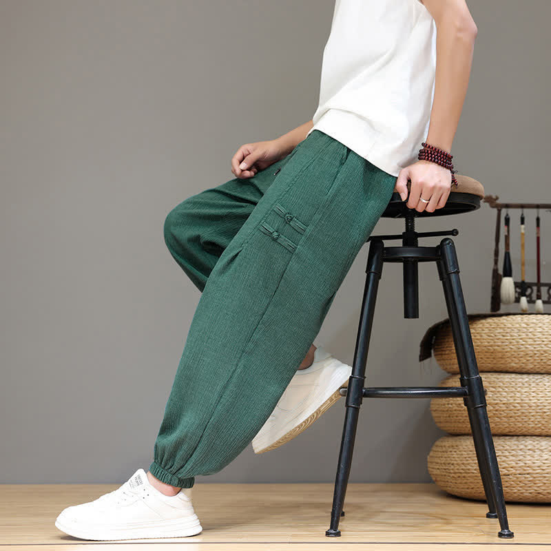 Buddha Stones Summer Casual Tang Style Solid Cropped Pants Men's Harem Pants With Pockets