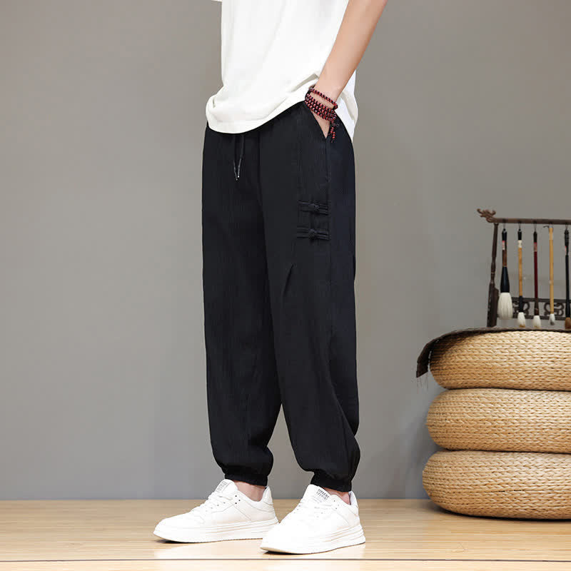 Buddha Stones Summer Casual Tang Style Solid Cropped Pants Men's Harem Pants With Pockets