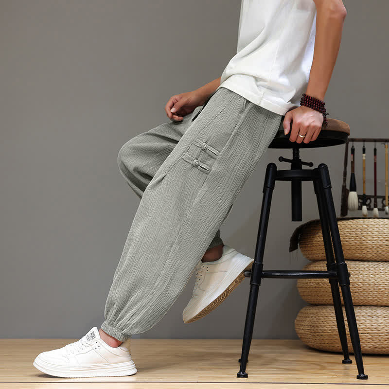 Buddha Stones Summer Casual Tang Style Solid Cropped Pants Men's Harem Pants With Pockets