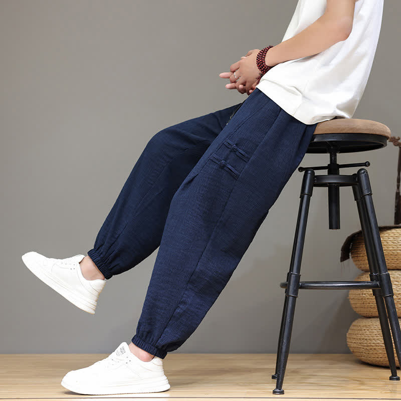 Buddha Stones Summer Casual Tang Style Solid Cropped Pants Men's Harem Pants With Pockets