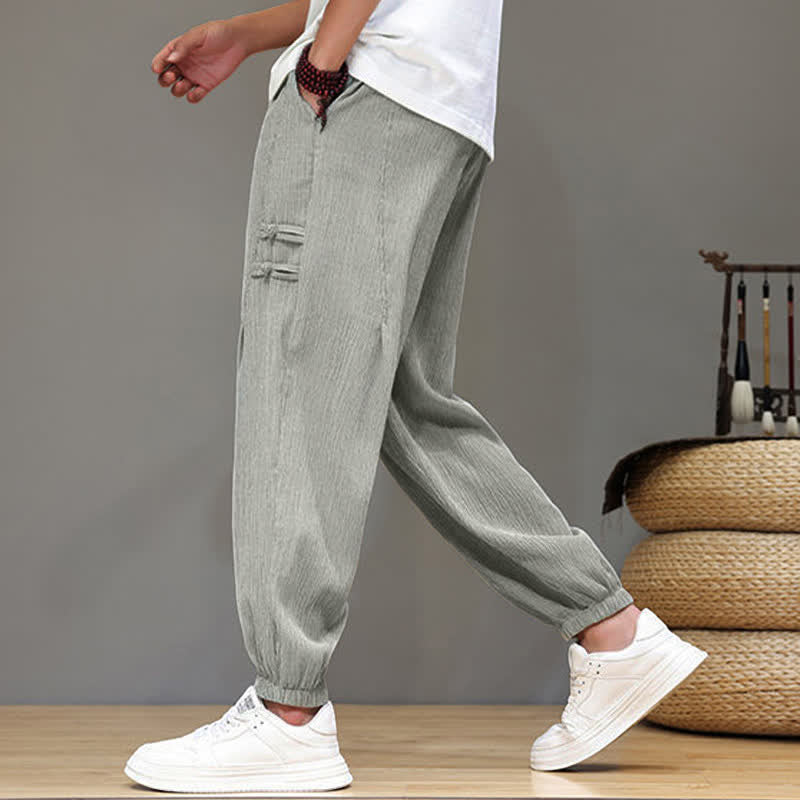 Buddha Stones Summer Casual Tang Style Solid Cropped Pants Men's Harem Pants With Pockets