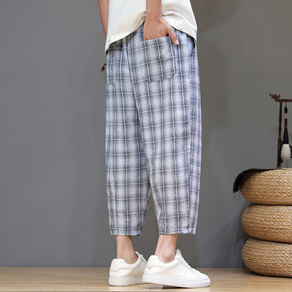 Buddha Stones Summer Casual Drawstring Plaid Capri Pants Men's Harem Pants With Pockets