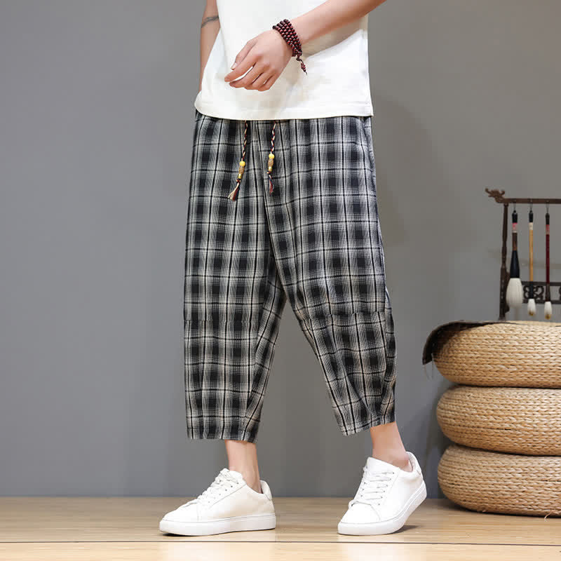 Buddha Stones Summer Casual Drawstring Plaid Capri Pants Men's Harem Pants With Pockets