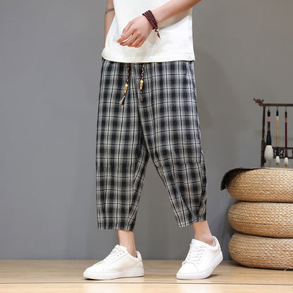 Buddha Stones Summer Casual Drawstring Plaid Capri Pants Men's Harem Pants With Pockets